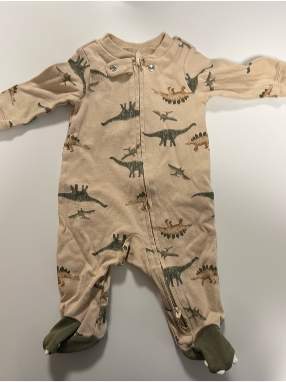 Carter's Beige Footed One-Piece with Green and Brown Dinosaurs